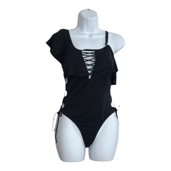 Sexy Black Ruffle One Piece Swimsuit Size M Asymmetric Neck Criss Cross Lace Up - Picture 1 of 8